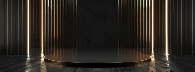 Empty round podium with gold neon lights on the wall, on a dark background.