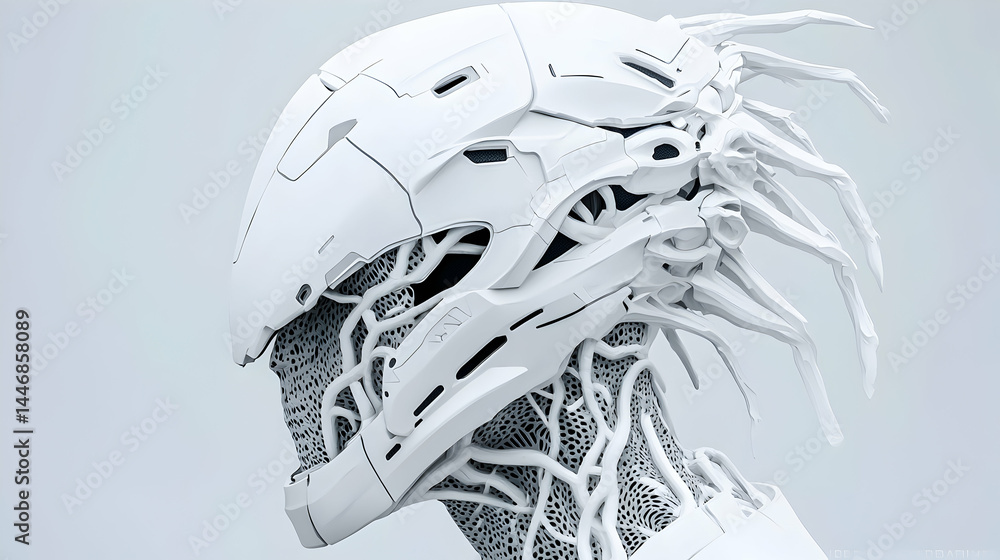 Aufkleber a futuristic helmet design with organic and mechanical elements blending in a sleek white structure.