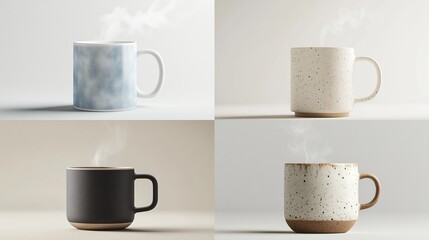 Obraz premium Four steaming mugs in different colors and patterns on a light background.