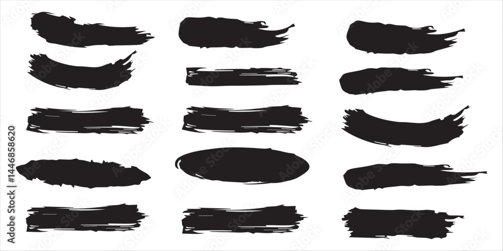 Poster vector black paint brush spots, highlighter lines or felt tip pen marker horizontal blobs. marker pe