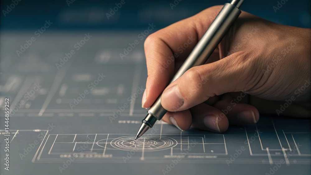 Poster hand holding pen working on mechanical blueprint concept for consulting and design planning with det