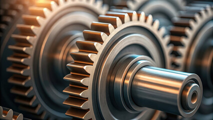 Mechanical gear concept with consulting ideas for industrial design and engineering innovation in close up view of metal parts