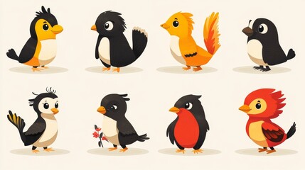 Obraz premium Cute cartoon birds in various colors and poses.