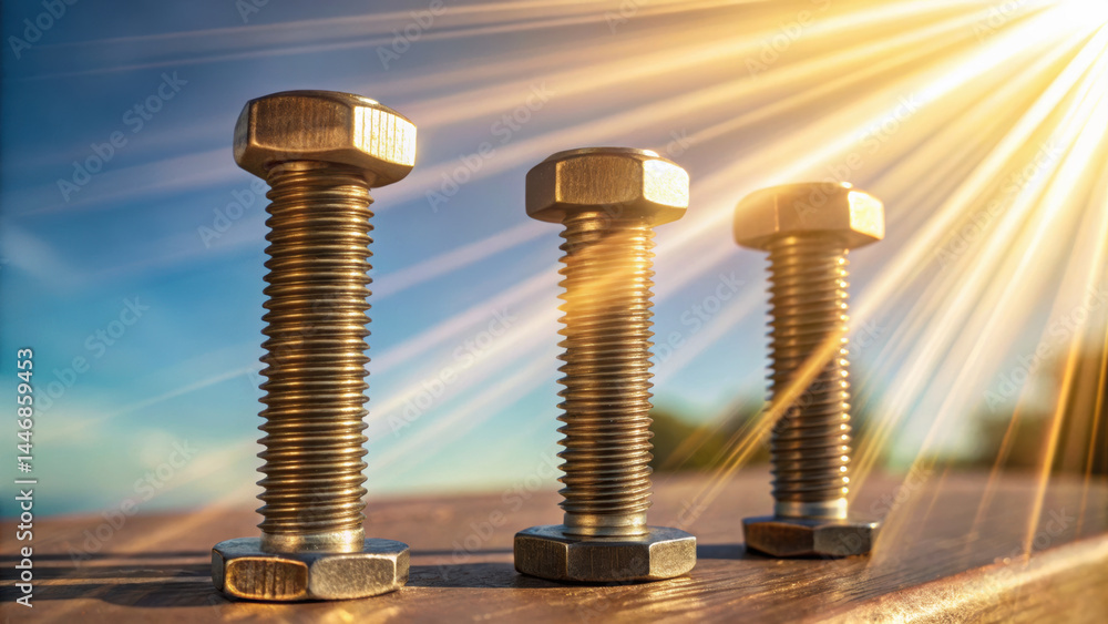 Aufkleber three mechanical bolts stand upright on wooden surface with sunlight shining through creating consul