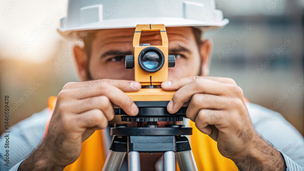 Poster mechanical concept of consulting in construction with worker using surveying equipment for precise m
