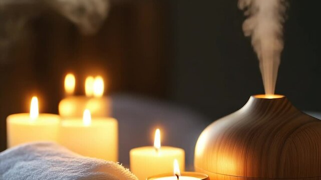 Aromatic ambiance with candles and diffuser.  Relaxing warm lighting and steam