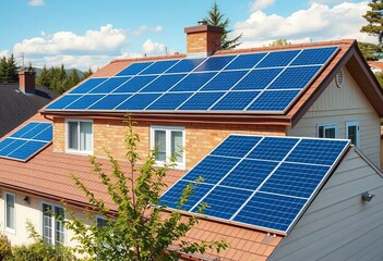 New American home roof with blue solar panels generating clean energy,  new home,  home
