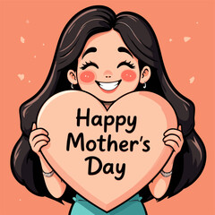 Joyful Cartoon Girl Holding Large Heart-Shaped Mother's Day Card
