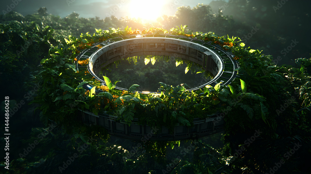 Poster futuristic ring structure overgrown with lush vegetation. perfect for sci-fi projects environmental 