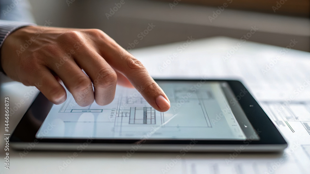 Poster person using tablet to review mechanical blueprints for consulting project concept with detailed arc