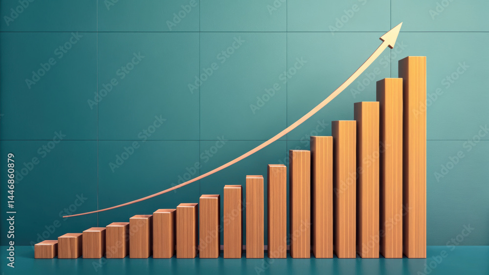 Aufkleber mechanical wooden bar chart concept with consulting growth arrow rising upward symbolizing business 