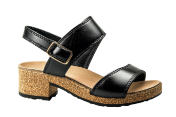 Elegant black leather girls sandals with cork wedge heel perfect summer footwear stylish and on transparent background