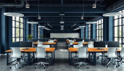 Open plan office, dark blue walls, concrete floor, wooden desks, white chairs,  commercial space,  industrial chic