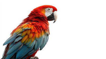 Obraz premium Vibrant parrot profile, bold colors against white background. Detailed plumage showcasing red, yellow, blue, and orange feathers. Side view of a macaw