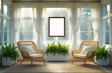 Fototapeta premium Mockup poster frame in a bright sunroom with rattan chairs, sheer curtains, and indoor plants for natural home decor inspiration
