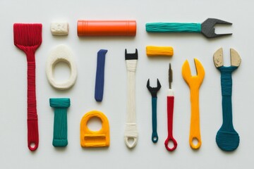 Colorful miniature tools arranged on a white background