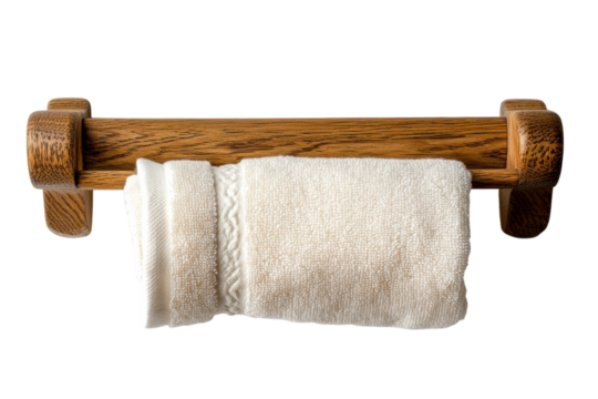 Elegant off white towel draped on a rich oak wood bathroom towel bar against a black on transparent background