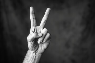 Hand making the V for victory sign in front of a dark background