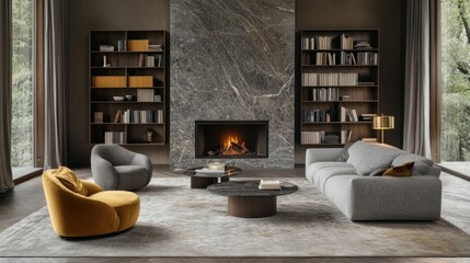 Living room with marble wall fireplace, wood bookcase, gray and gold furniture in luxury country house