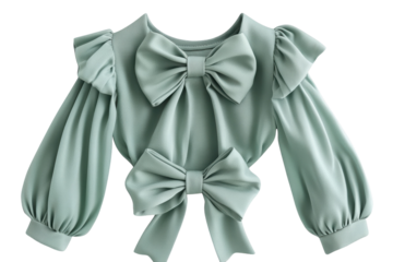 Elegant sage green blouse with oversized bows puff sleeves and a chic back design Studio shot on transparent background