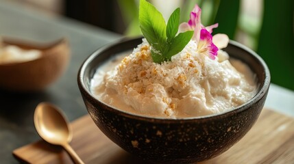 Thai banana in coconut milk served in porcelain dessert bowl