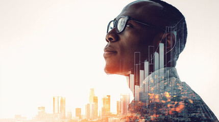 Thoughtful businessman, urban backdrop.  A man in profile, gazing upward, with a cityscape and financial graphs overlaid.  His expression is contemplative, suggesting vision and ambition