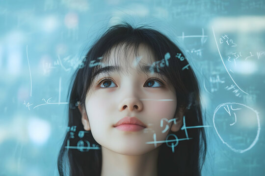 Asian female student looking at holographic math interface, symbolizing futuristic STEM education. - Powered by Adobe
