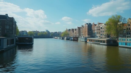 Naklejka premium Amsterdam canal with houseboats and architecture on a sunny day.