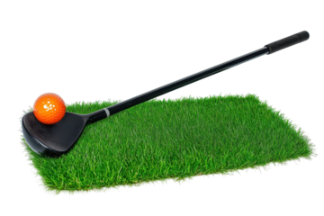 Orange golf ball on a black golf club,  placed on a artificial turf.