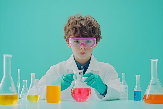 Boy with lab coat and goggles performing science experiment, representing STEM education.