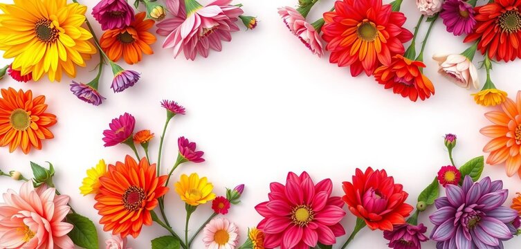 Overhead shot of a white greeting card adorned with AI-generated floral decorations,  spring,  summer