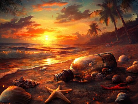 Sunset beach scene with message in a bottle