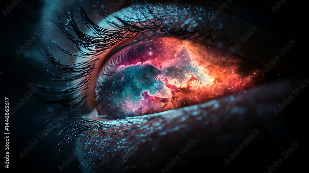 Poster an eye filled with a nebula. this image suggests exploring the vastness of inner and outer space. a 