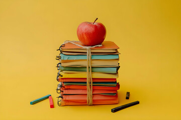 Stack of colorful books with apple and pencils, symbolizing classic back-to-school themes.