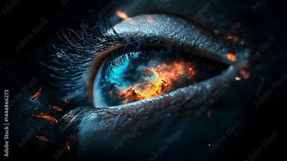 Poster an eye reflects a cosmic nebula evoking wonder and the vastness of the universe. ideal for astronomy