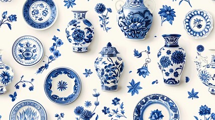 Delftware blue porcelain plates and vases patterns, white background, Generative AI illustrations.