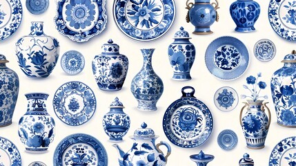 Delftware blue porcelain plates and vases patterns, white background, Generative AI illustrations.