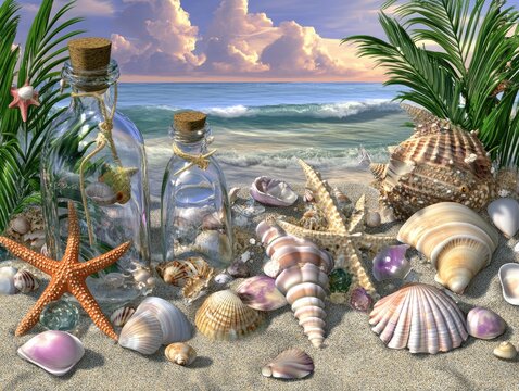 Seashells, starfish, and glass bottles on a sandy beach at sunset