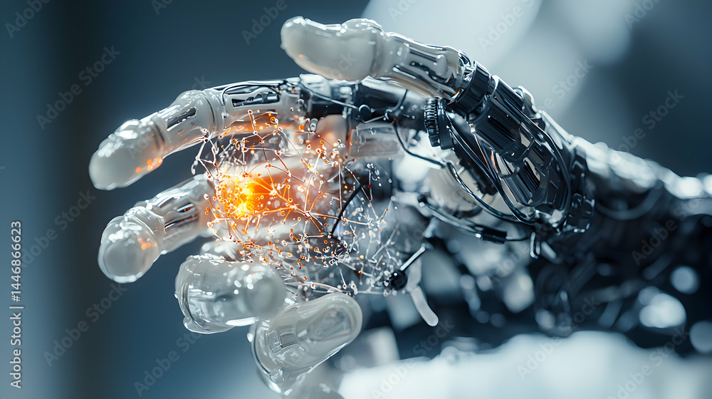 Poster a futuristic robotic hand featuring intricate details and an illuminated central core suggesting adv