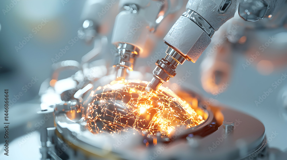 Poster robotic arms working on a glowing sphere possibly a high tech manufacturing process. it can be used 
