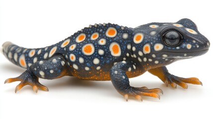 Colorful salamander on a bright background showcasing its unique skin pattern with vibrant orange and white spots on a dark blue body for design needs