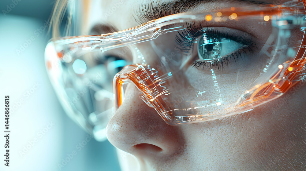 Poster a close-up showcases futuristic eyewear possibly for augmented reality applications. the design comb
