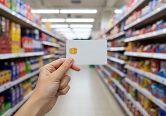 Consumer action with loyalty card supermarket aisle retail image shopping environment close-up view convenience concept