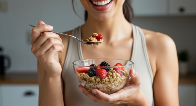 Healthy breakfast choices woman enjoying a nutritious bowl of granola with fruits in a modern kitchen environment