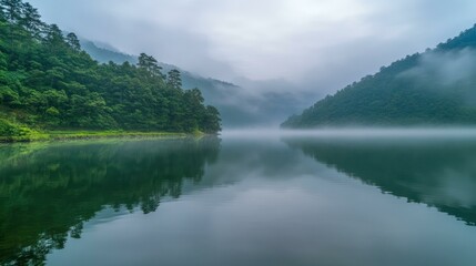 Fototapeta premium Scenic lake view with lush green mountains reflected in tranquil water