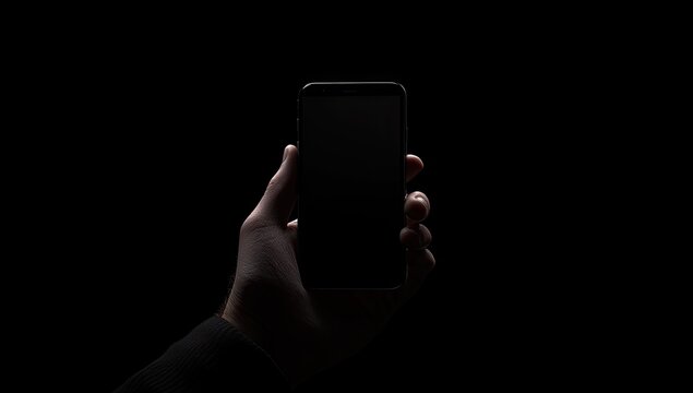 Hand holding smartphone, dark background