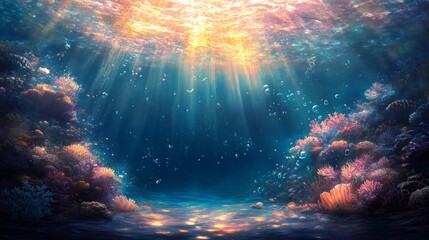 Fototapeta premium Vibrant Underwater Coral Reef Scene with Sunlight