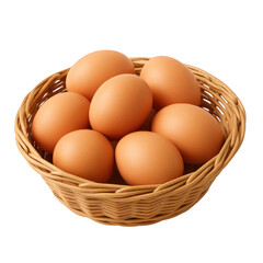Delicious and healthy farm-fresh brown eggs beautifully presented in a natural rustic woven basket, ready for use.