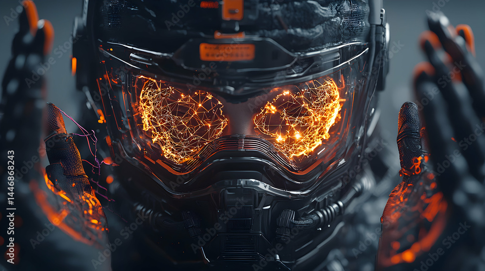 Poster futuristic image of a cyborg helmet with glowing eyes and hands. suggests advanced technology and di