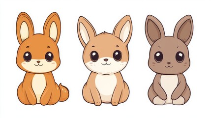 Fototapeta premium Three cute cartoon animals, sitting together, in various shades of brown and orange.